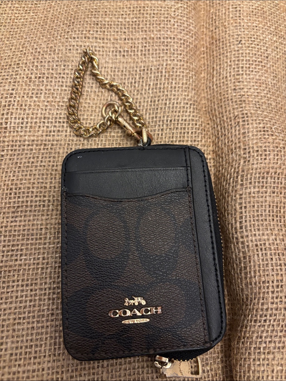 Coach Brown Pebbled Leather Wallet/Card Case w/Gold Chain